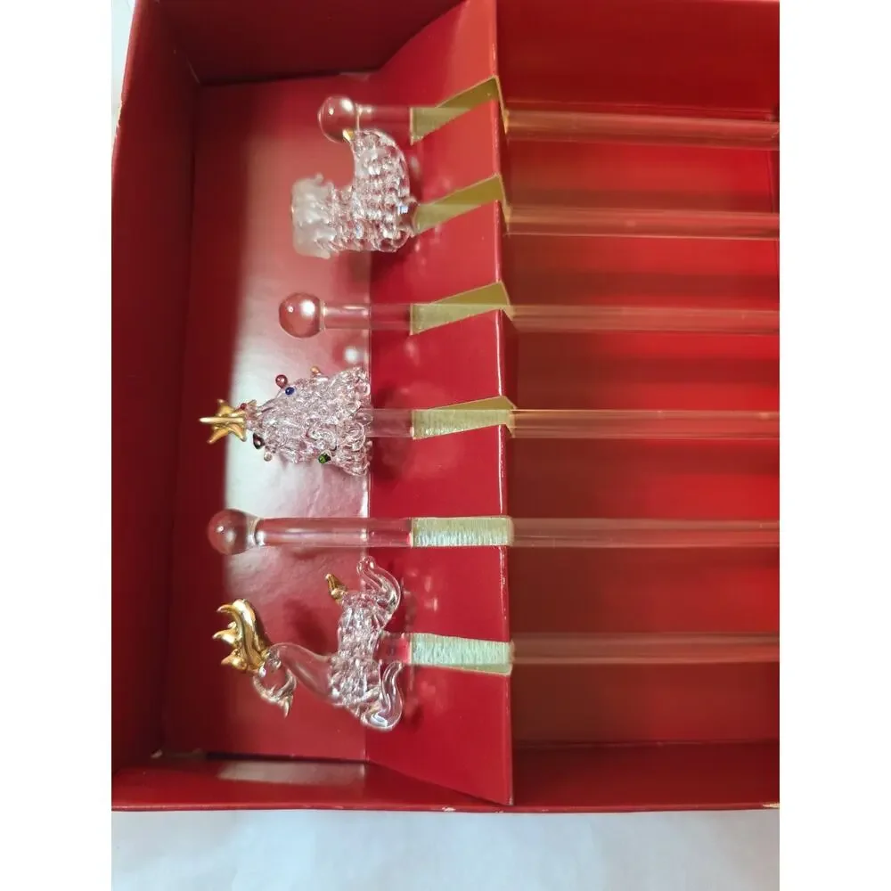 Boston Warehouse Glass Swizzle Stick Set Set Of 6 Christmas Tree Stocking...